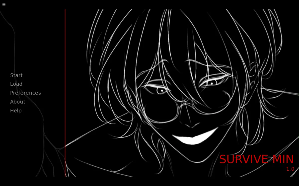 Survive Min title screen showing Min's face in white line art on a black background